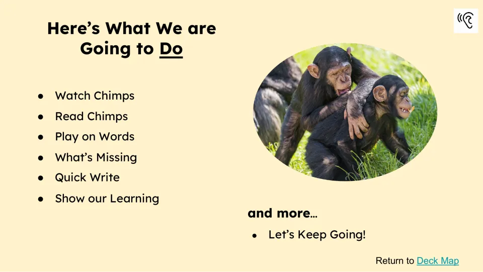 Activity preview lists Watch Chimps, Read Chimps, Play on Words, What’s Missing, Quick Write, and two more.