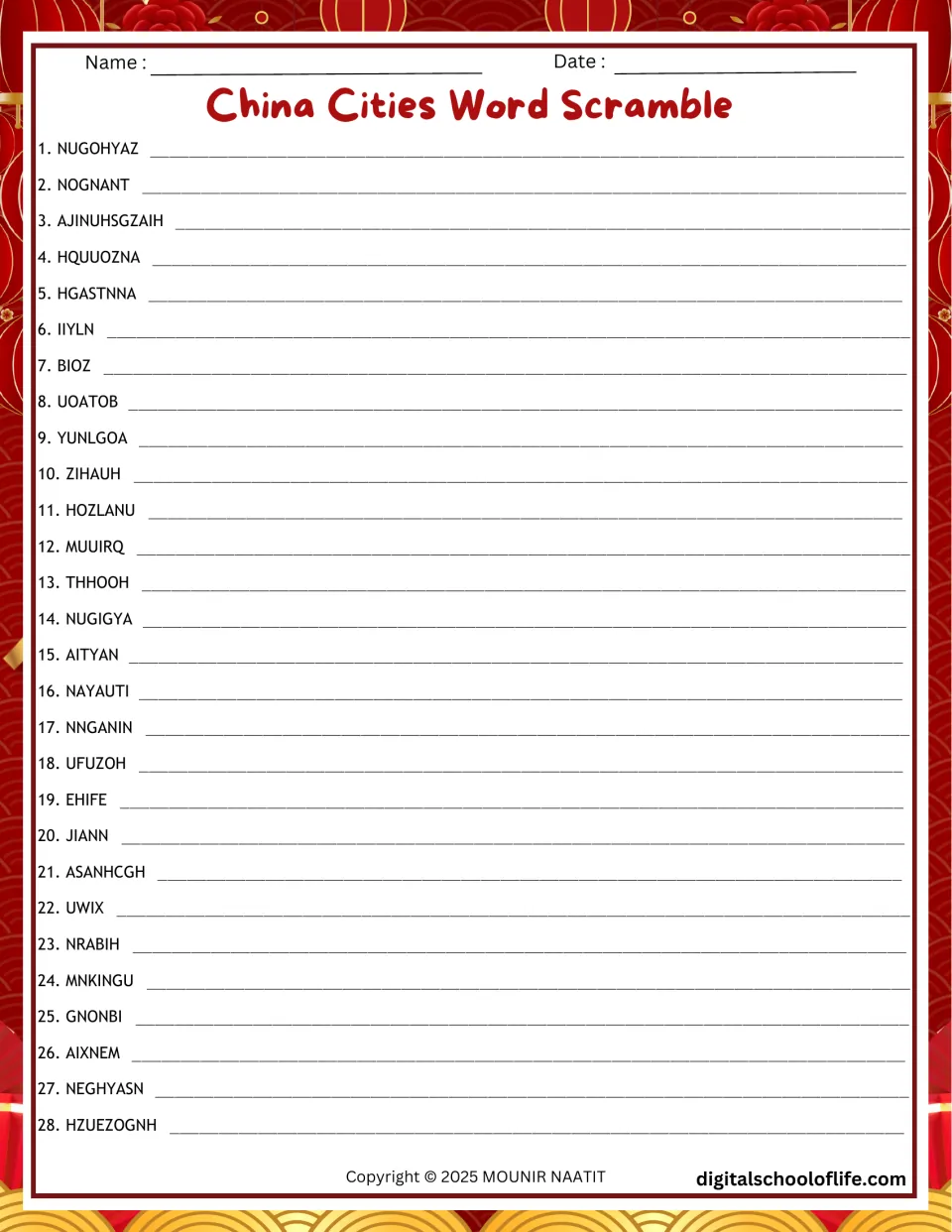 China Cities Word Scramble: students unscramble 28 Chinese city names such as NUGOHYAZ and BIOZ, writing each answer