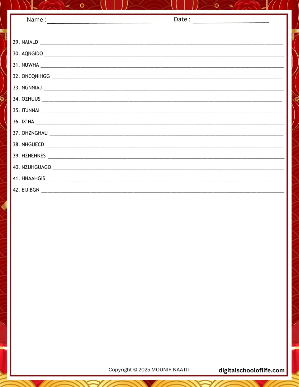 Chinese city scramble continued: items 29 to 42 ask students to unscramble NAIALD, NUWHA, HNAAHGIS, EIJIBGN and more