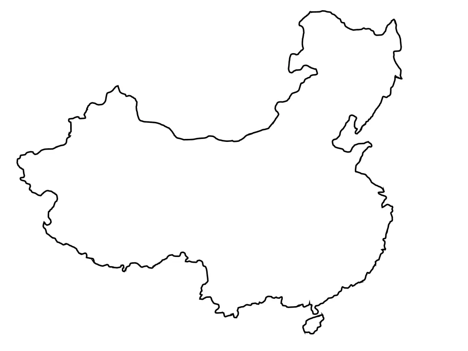Blank outline map of China with no labels, cities or rivers, for students to label or shade the country and Hainan island