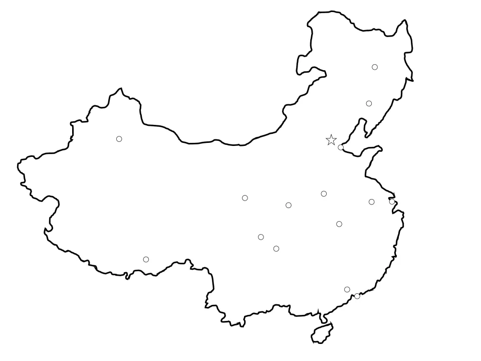 Map labeling practice: China outline with a star for the capital and 15 unlabeled city dots for students to name