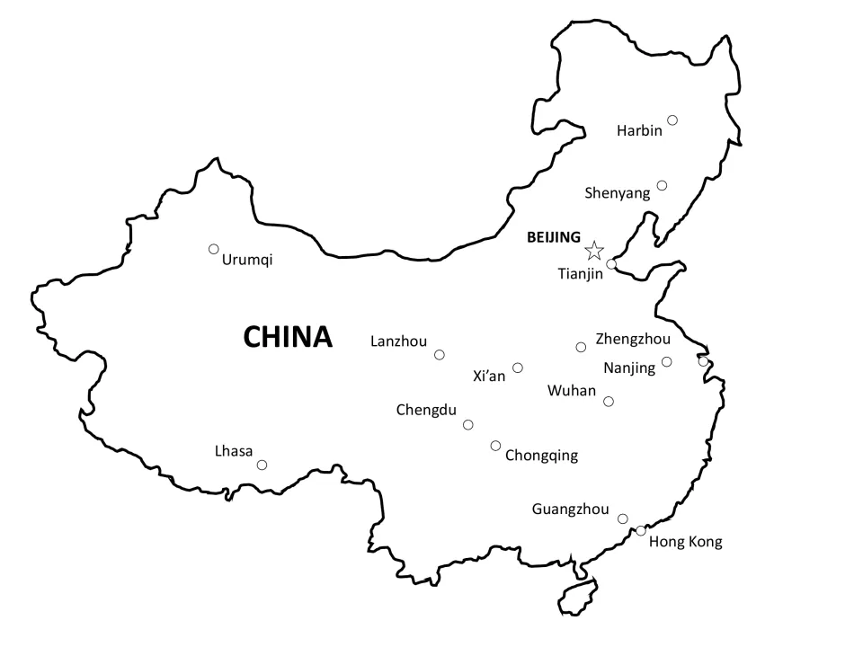 Labeled map of China's major cities: Beijing starred as capital, plus Harbin, Urumqi, Lhasa, Xi'an, Wuhan and Hong Kong