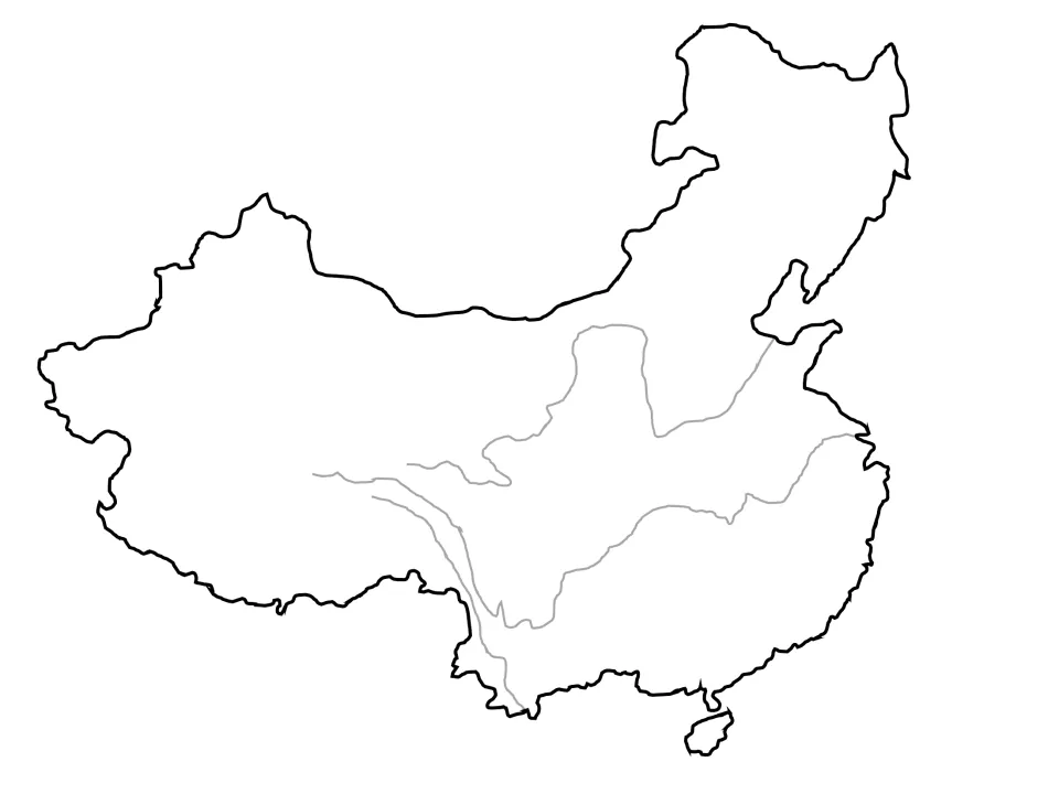 Unlabeled map of China showing the courses of its major rivers in gray, for students to trace and name each river