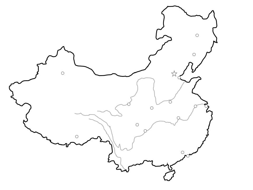 China map labeling of cities and rivers together: unnamed city dots, a capital star and gray river courses to identify