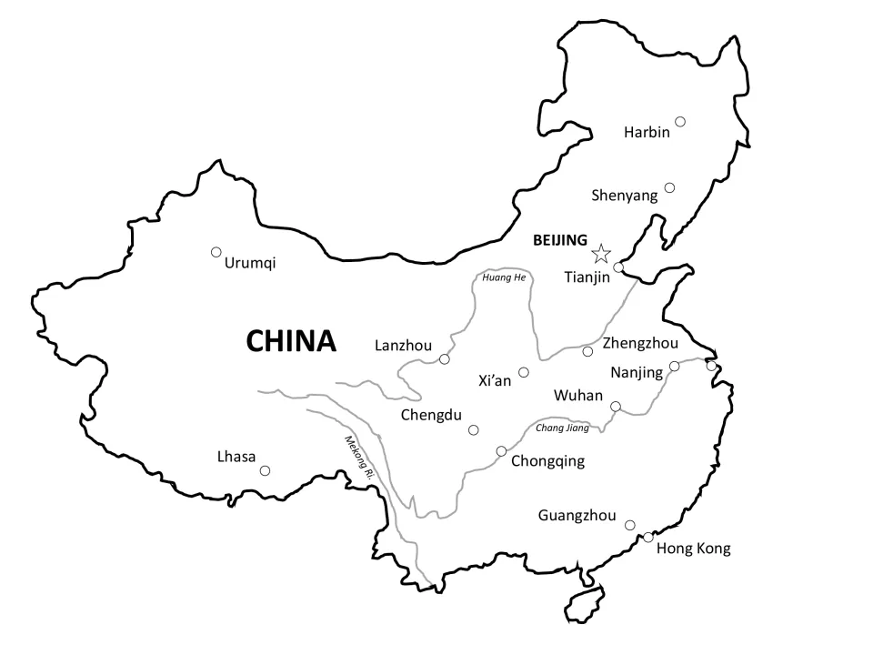 Labeled map of China's rivers and cities: Huang He, Chang Jiang and Mekong plus Beijing, Wuhan, Chongqing and others