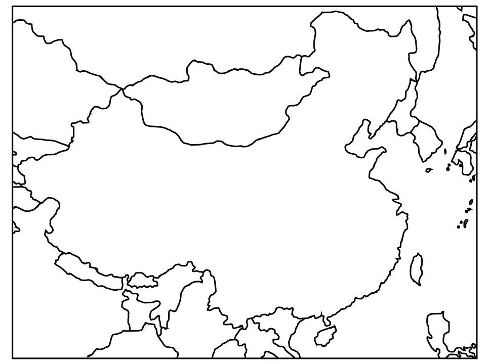 Blank regional map of China and its surrounding countries, seas and islands, for labeling neighbors such as Mongolia