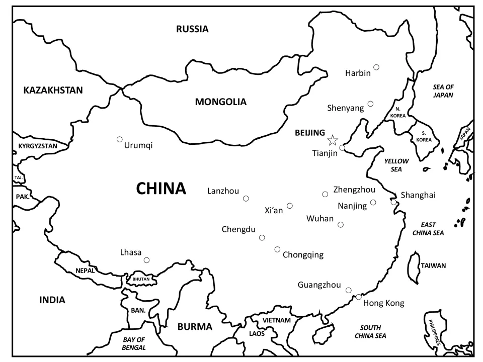 Labeled regional map: China's cities plus Russia, Mongolia, India, Korea, Taiwan and the Yellow, East and South China seas
