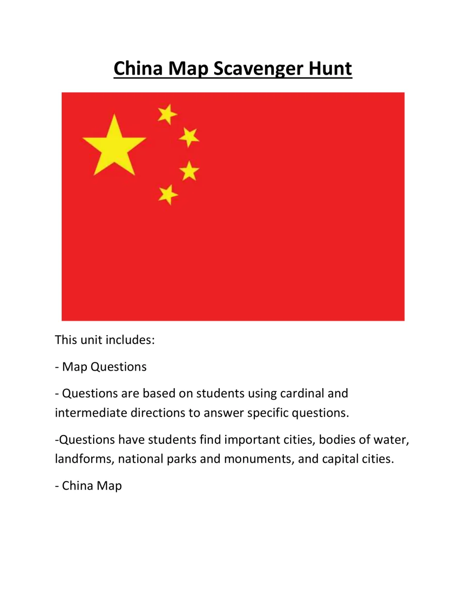 Cover of China Map Scavenger Hunt, introducing map questions that use cardinal and intermediate directions.