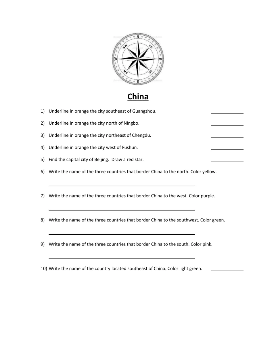 Map scavenger hunt questions 1–10: locate cities, mark Beijing, and color countries by their direction.