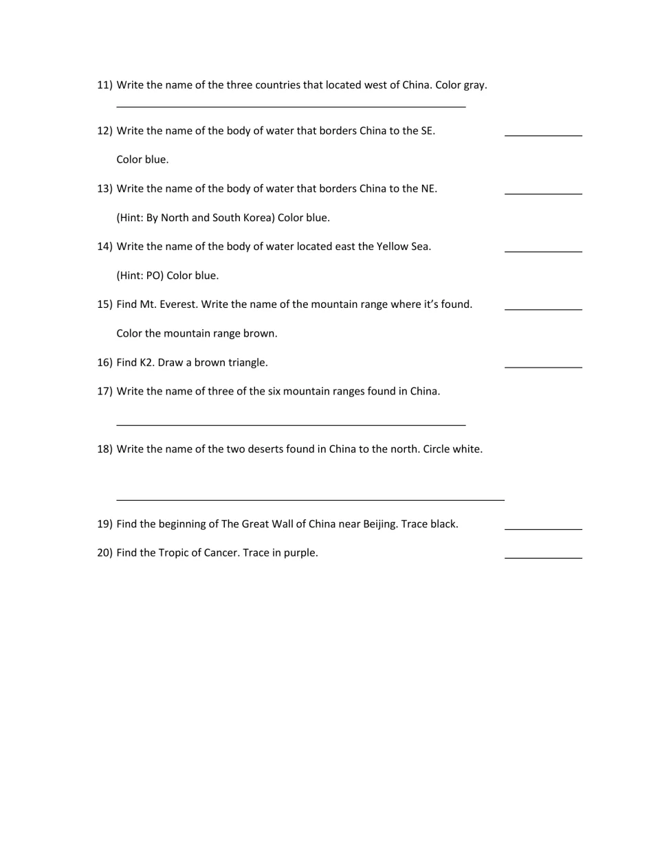 Map scavenger hunt questions 11–20: identify seas, mountains, deserts, the Great Wall, and Tropic of Cancer.