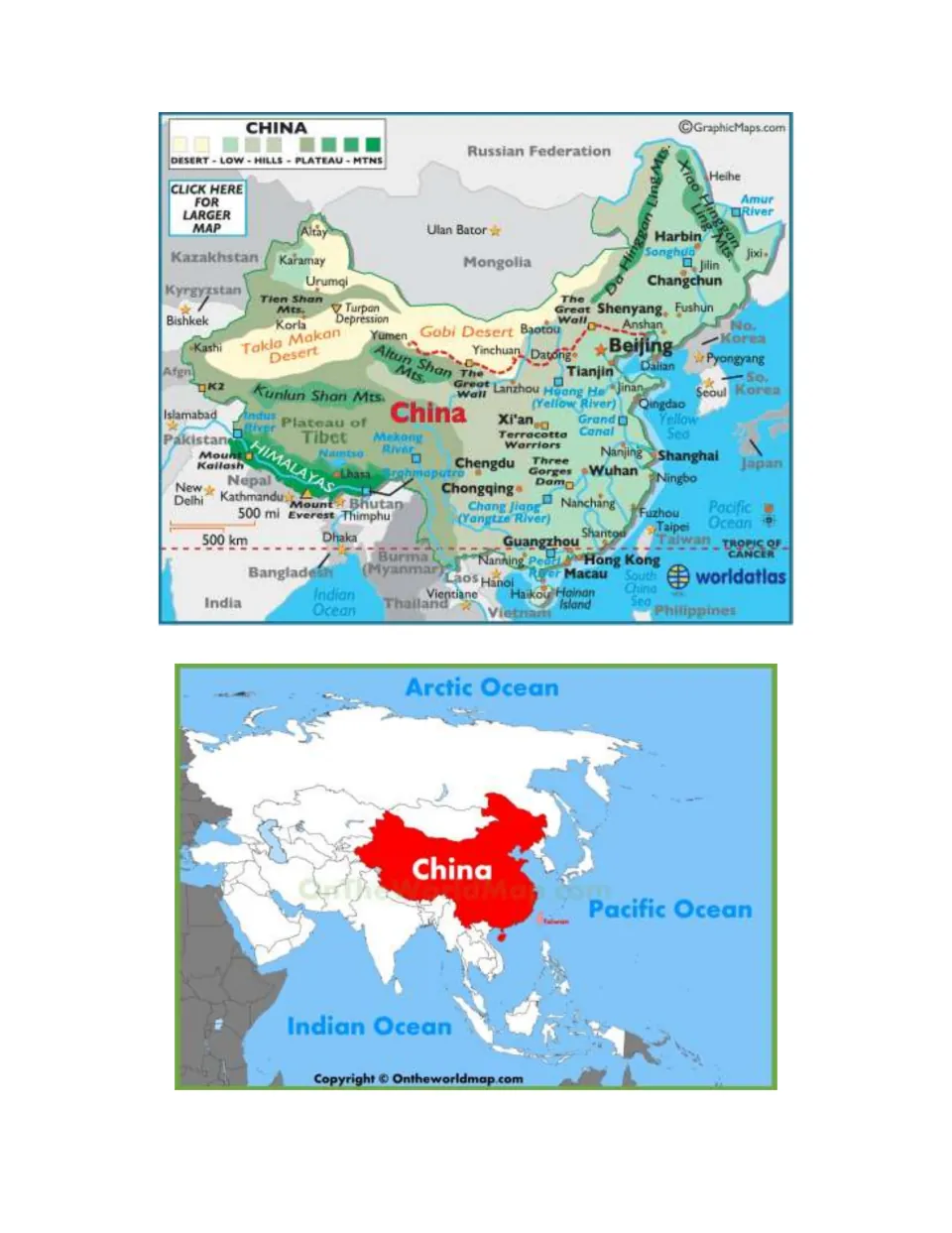 Reference maps for the scavenger hunt: China's cities and physical features, plus its location in Asia.