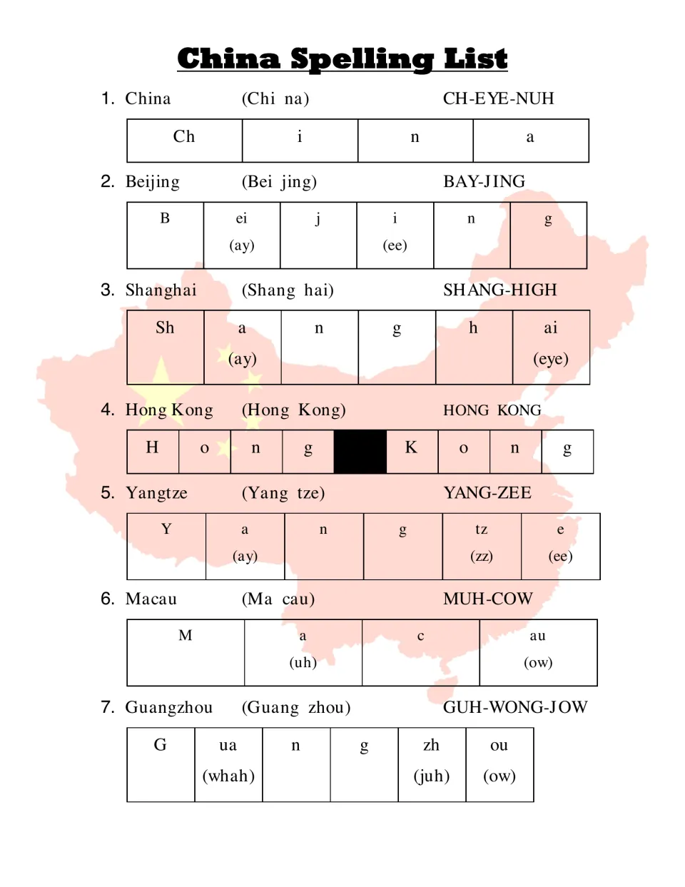 Place-name spelling words 1-7, from China and Beijing to Guangzhou, split into letter-sound chunks with pronunciations