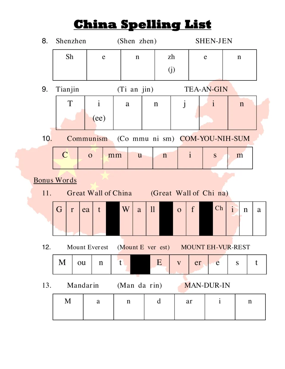 Spelling words 8-13: Shenzhen, Tianjin, Communism; bonus Great Wall of China, Mount Everest, Mandarin in sound chunks