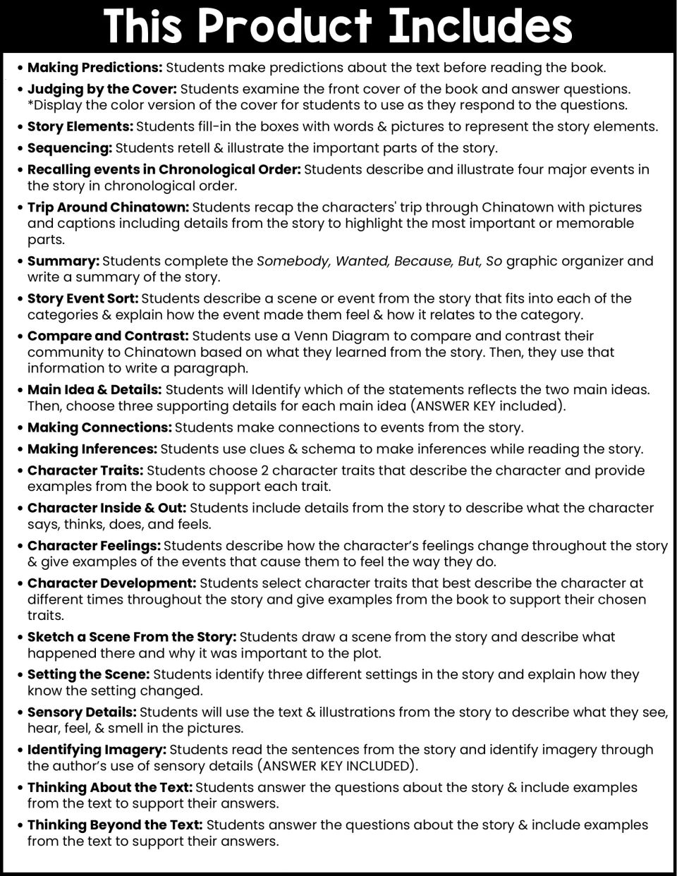 Activity overview lists 22 tasks, from Making Predictions and Story Elements to Thinking Beyond the Text.