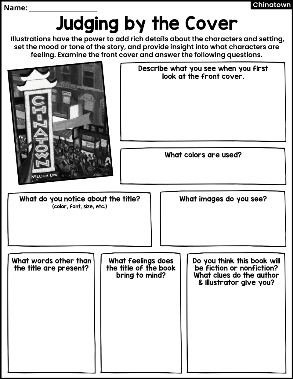 Judging by the Cover activity uses the book cover to ask about colors, title, images, feelings, and genre.
