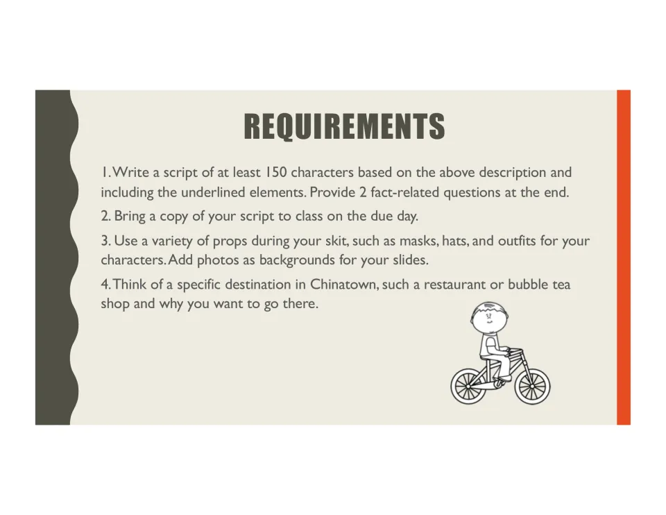 Requirements: write a script of 150+ characters with 2 fact questions, bring a copy, use props and choose a destination