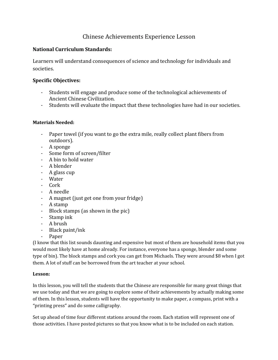 Lesson overview lists objectives, materials, and setup for calligraphy, compass, printing, and paper stations