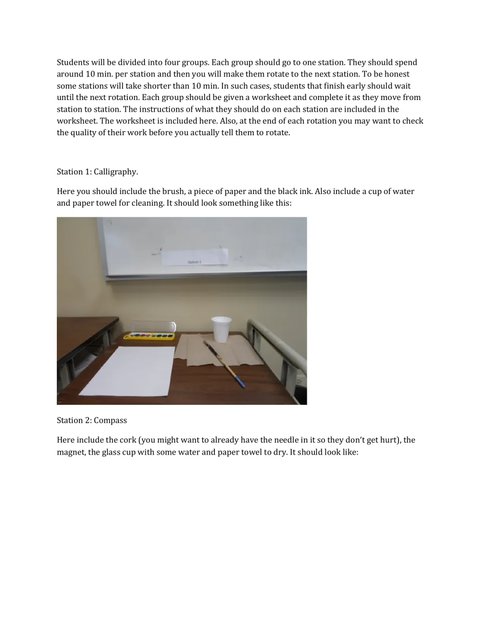 Teacher directions explain group rotations, show the calligraphy setup, and list compass station materials