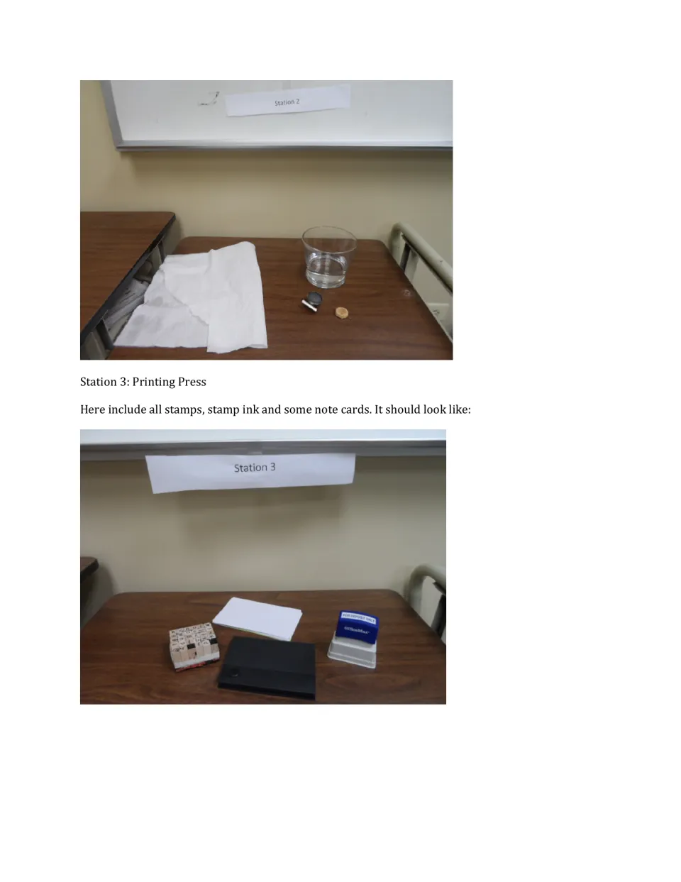 Station setup photos show compass supplies and printing stamps, with directions to add ink and note cards