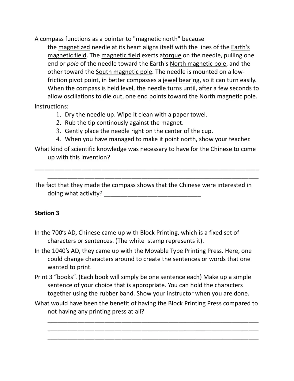 Student worksheet gives compass steps and questions, then introduces block and movable type printing tasks
