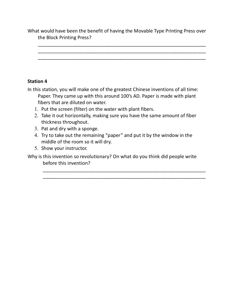 Student worksheet compares movable type and block printing, then gives papermaking steps and reflection questions
