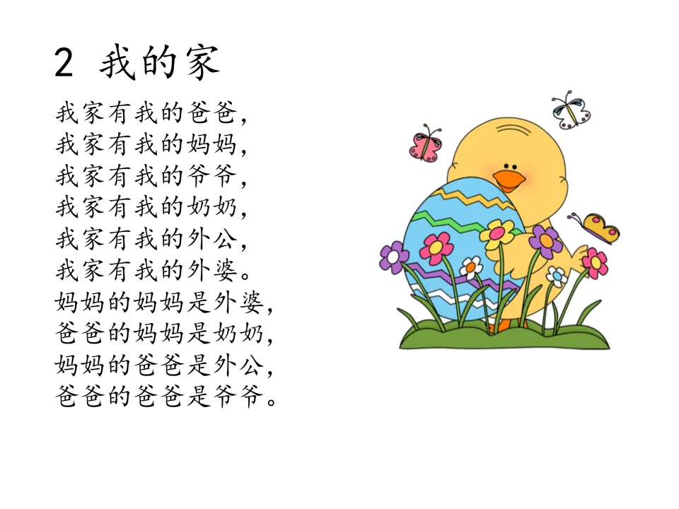 Chinese chant 2, 我的家 (My Family), names parents and grandparents and explains maternal and paternal ties