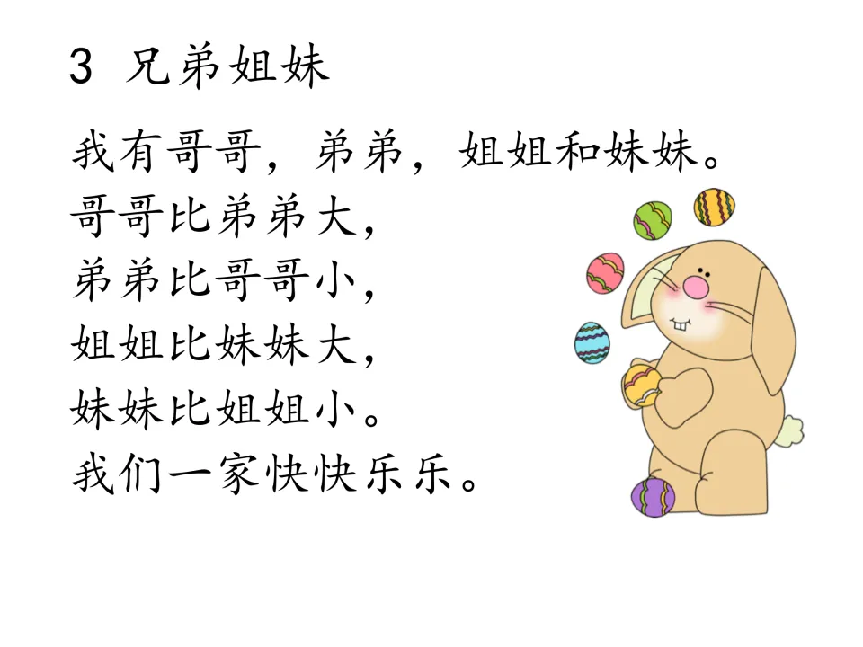 Chinese chant 3, 兄弟姐妹 (Brothers and Sisters), compares older and younger siblings in a happy family