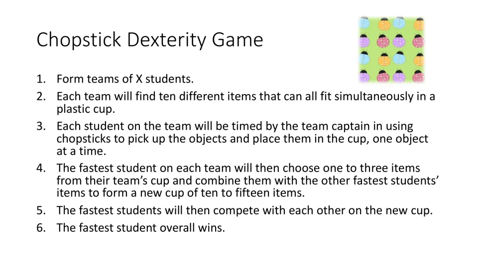 Chopstick Dexterity Game directions: timed rounds moving objects into a cup, followed by a finalists’ round