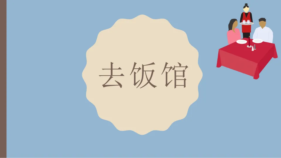 Cover of the Chinese dining-out role-play activity, titled 去饭馆 (going to a restaurant) in Chinese
