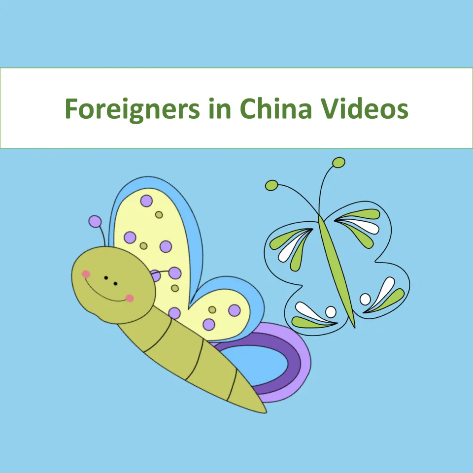 Cover of the Chinese video list, headed 'Foreigners in China Videos,' introducing the eight-video resource.