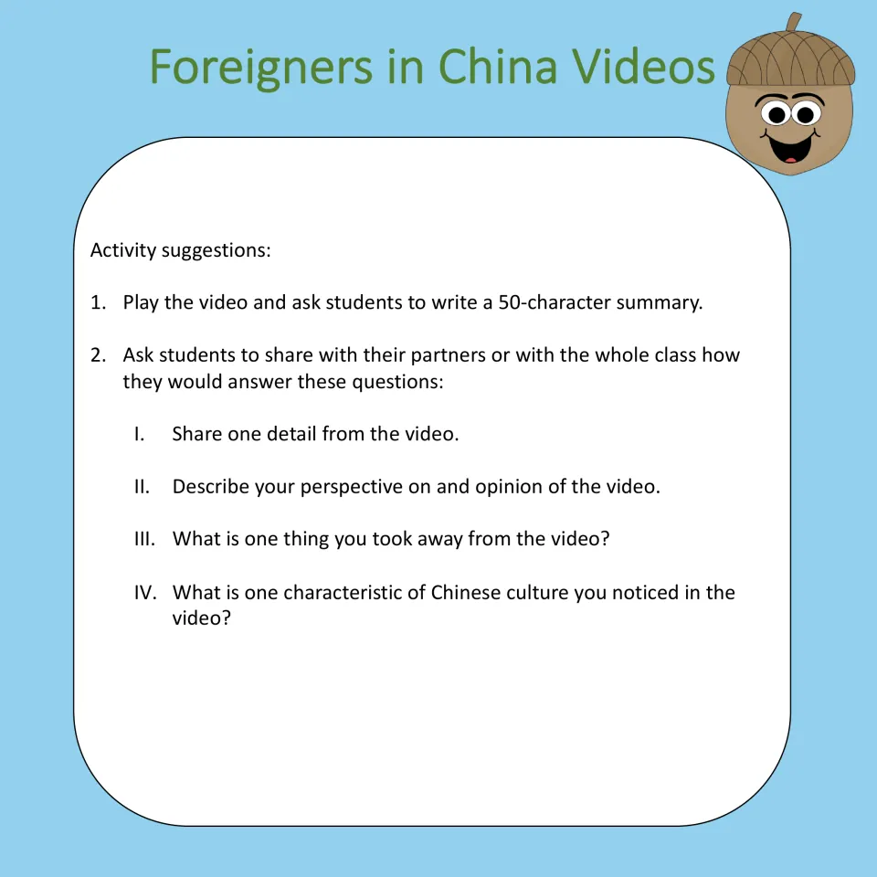 Activity suggestions for the video list: a 50-character summary and four partner or whole-class discussion prompts.