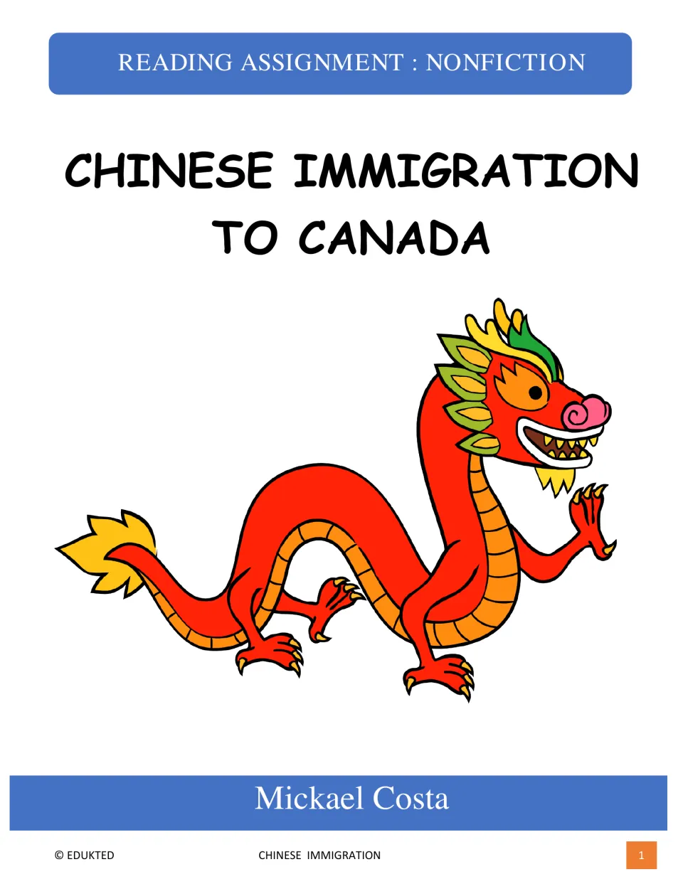 Cover of Chinese Immigration to Canada, a nonfiction reading assignment credited to Mickael Costa
