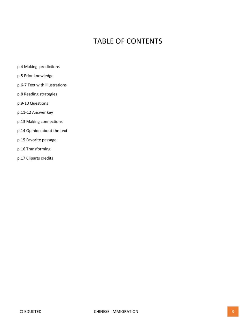 Reading packet contents list predictions, prior knowledge, passage, questions, answer key, and reflections