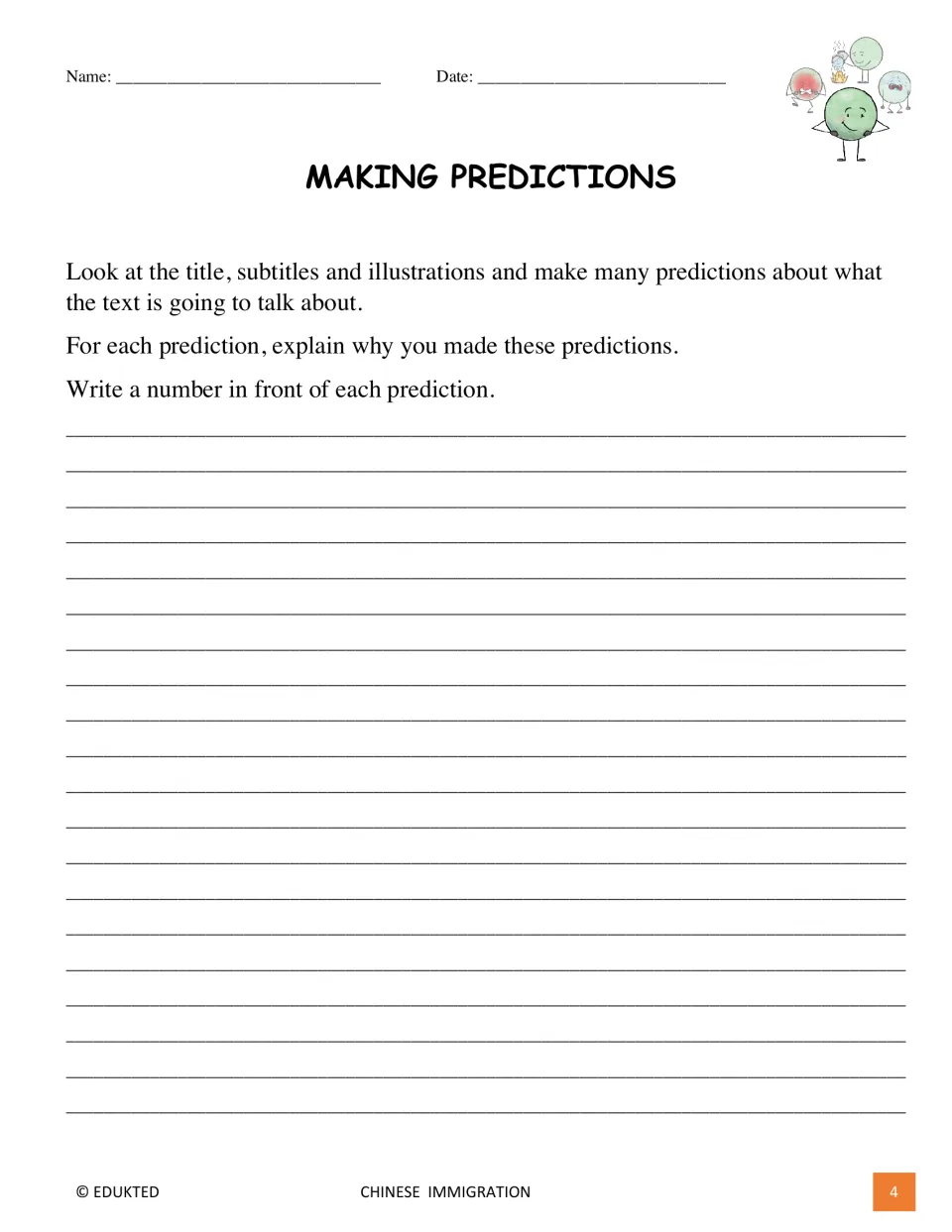 Making Predictions activity asks students to use the title, subtitles, and illustrations and explain each prediction