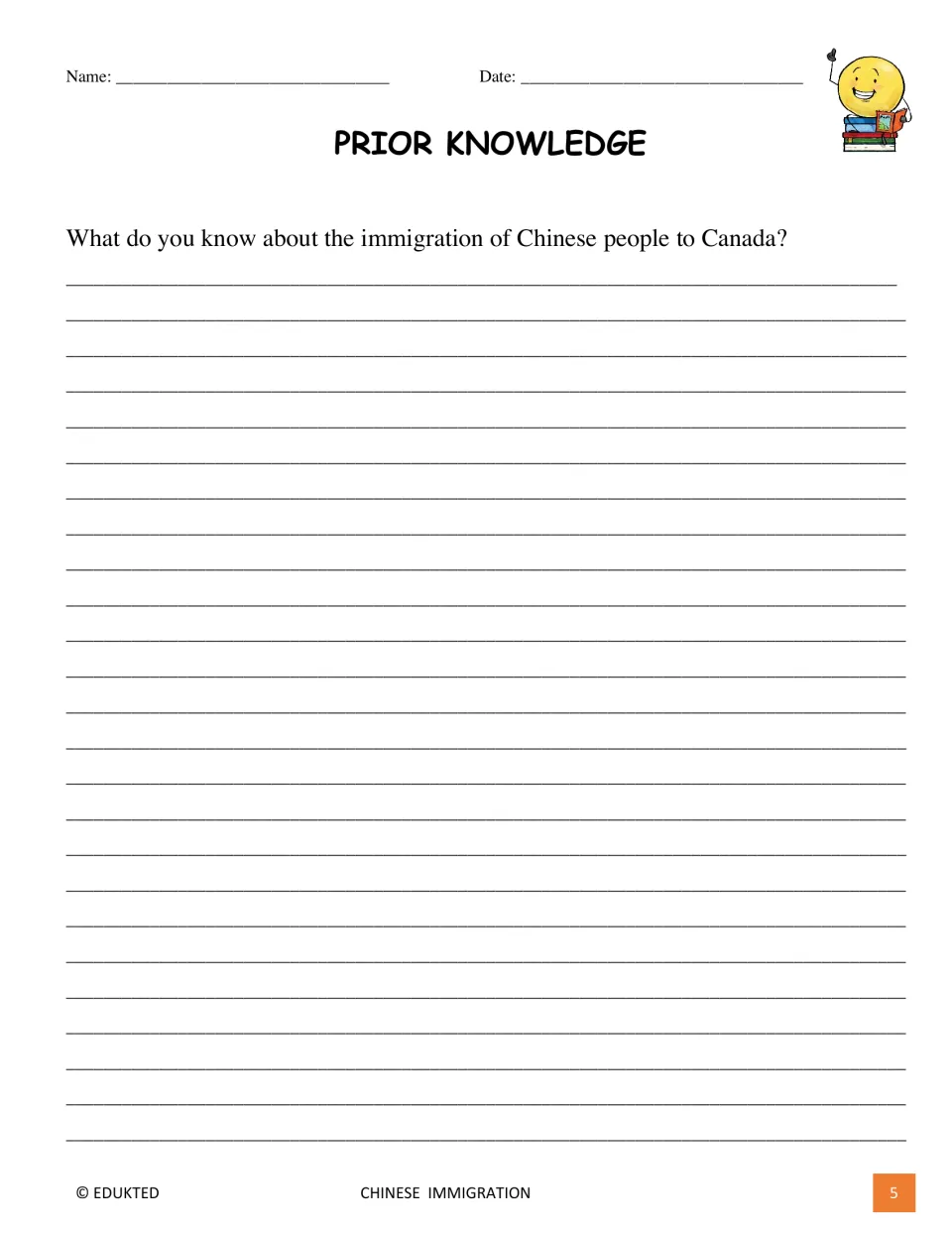 Prior Knowledge activity asks students what they already know about Chinese people immigrating to Canada