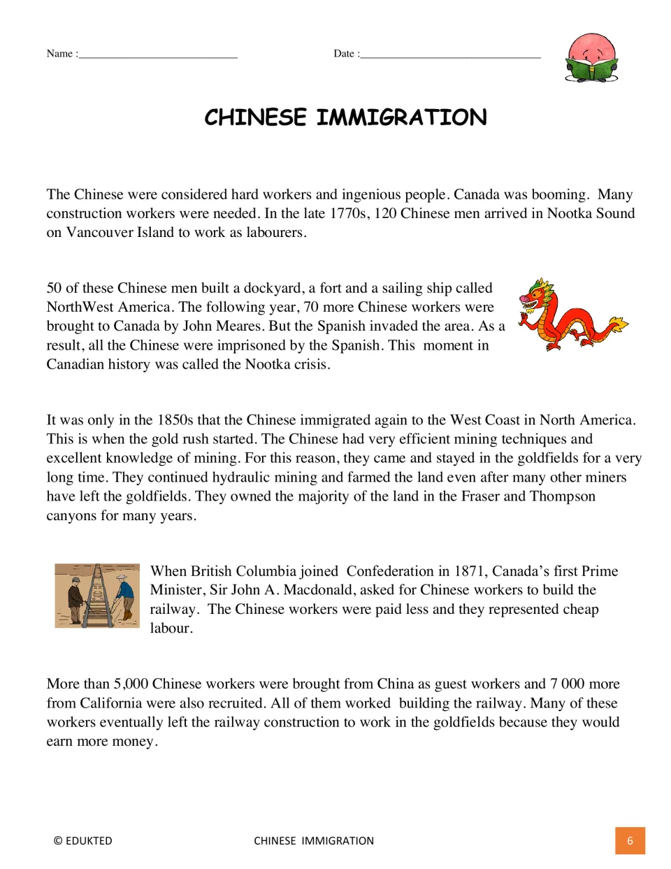 First reading passage page covers Chinese workers at Nootka Sound, gold mining, and railway construction