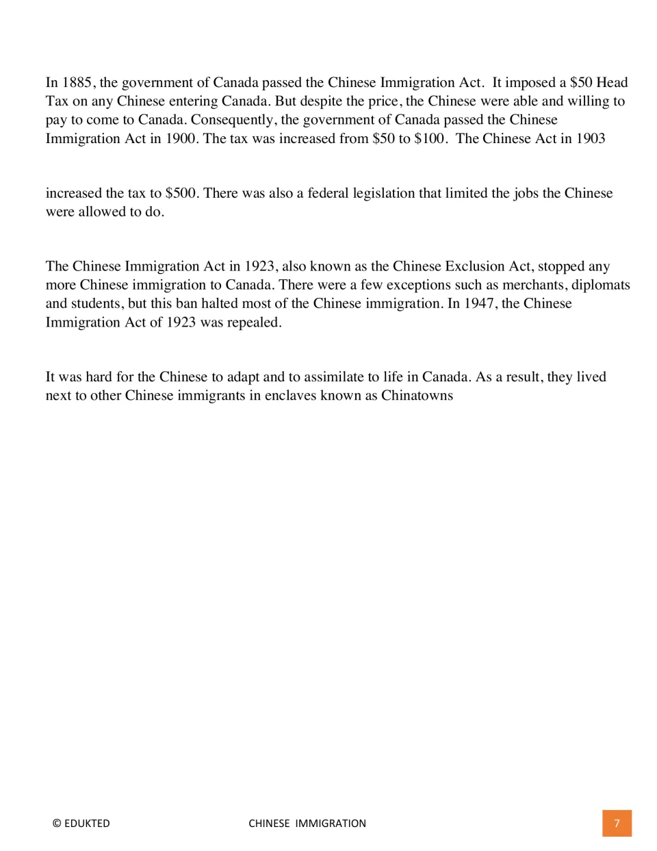 Second reading passage page covers the head tax, Chinese Exclusion Act, its repeal, and Chinatowns