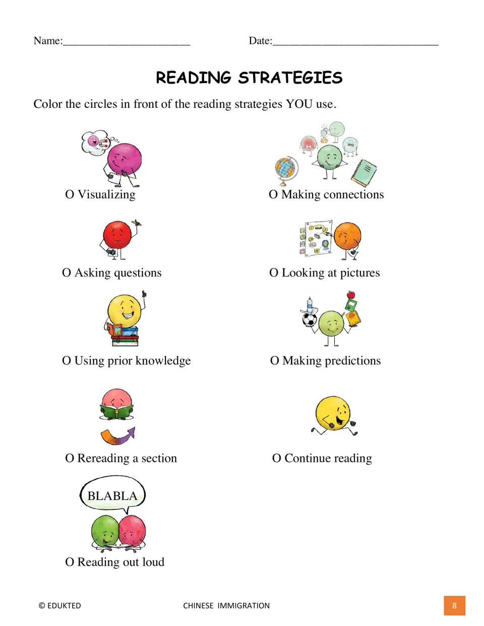 Reading Strategies checklist asks students to mark strategies they use, including visualizing and rereading
