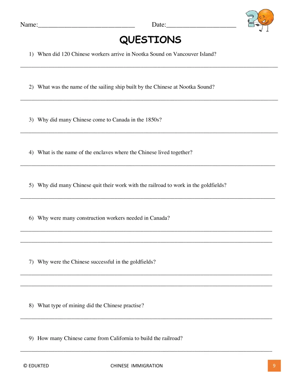 Comprehension questions 1–9 ask about Nootka Sound, the gold rush, Chinatowns, mining, and railway workers