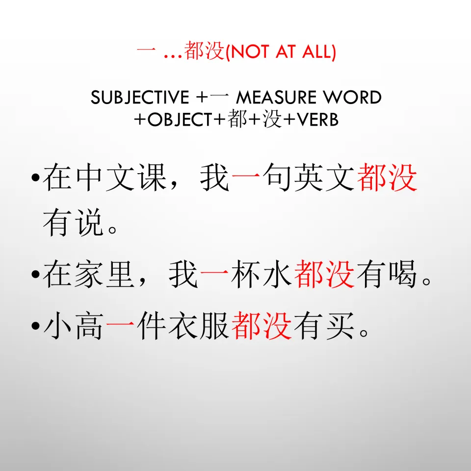 Grammar review slide on 一…都没 (not at all), with examples about English, drinking water, and buying clothes.