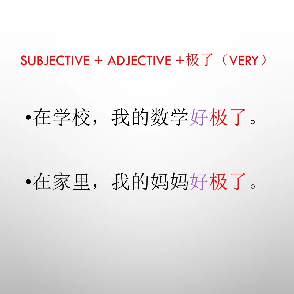 Grammar review slide on adjective + 极了 (very), with examples describing the speaker's math and mother.