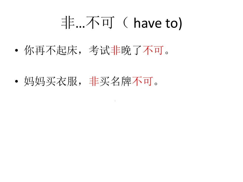 Chinese grammar review slide on 非…不可 (have to), with examples about being late for an exam and buying brands.