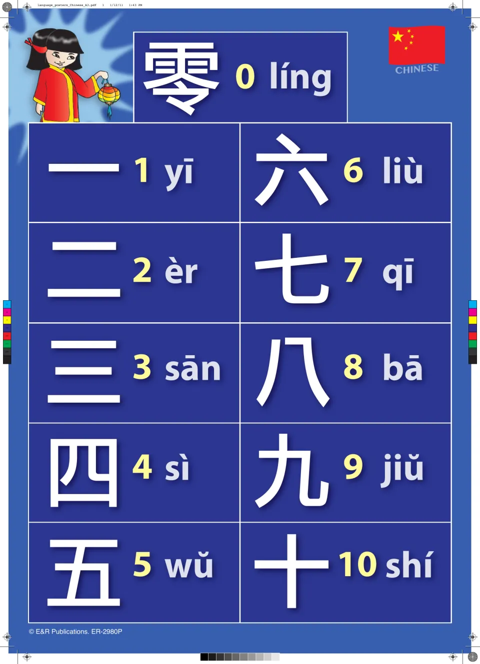 Chinese numbers 0 to 10 poster: each numeral shown with its character and pinyin, from 零 líng to 十 shí
