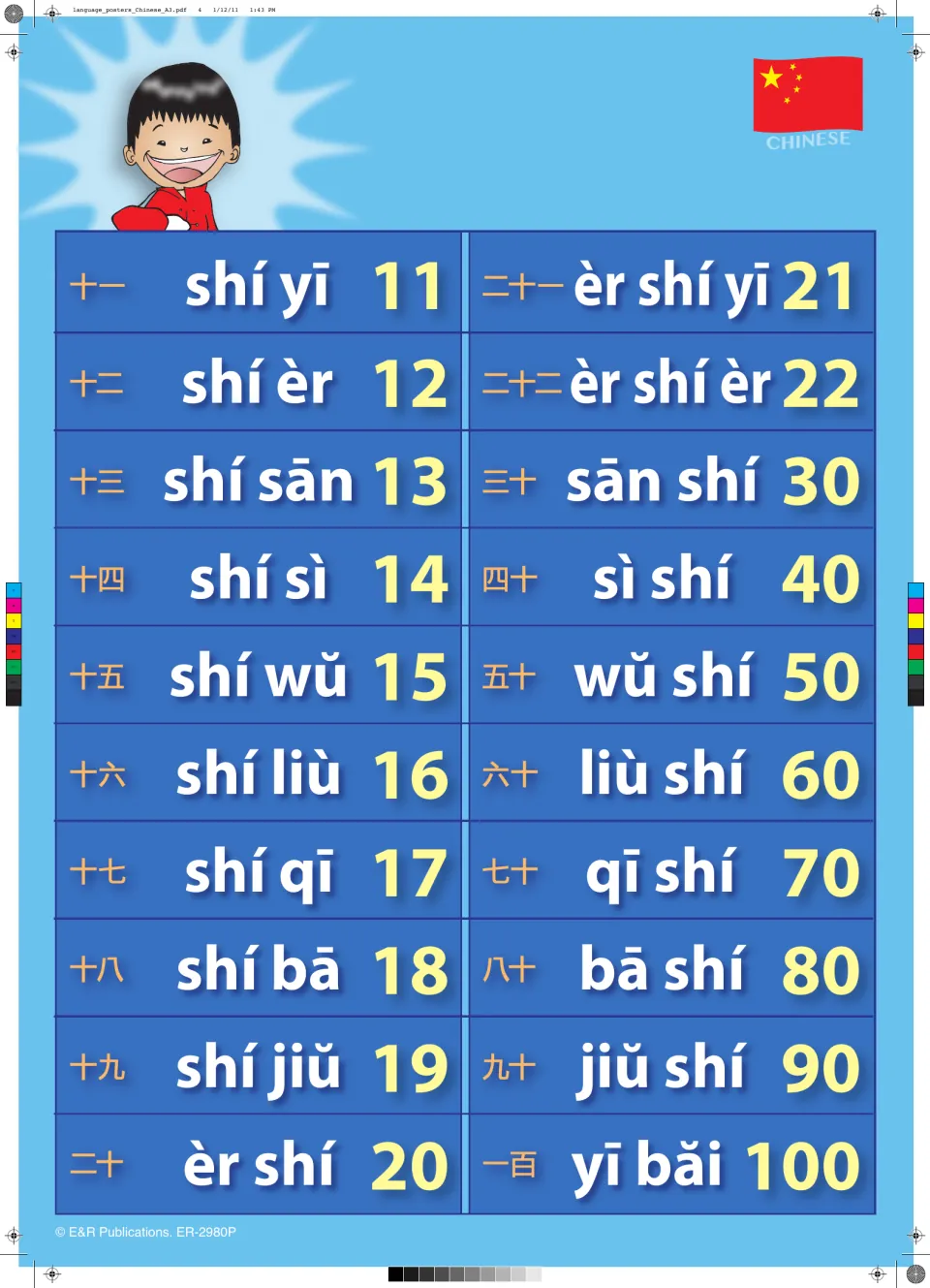 Chinese numbers 11 to 20 and tens to 100: characters, pinyin and numerals such as 十一 shí yī 11, 二十一 21 and 一百 yī băi 100