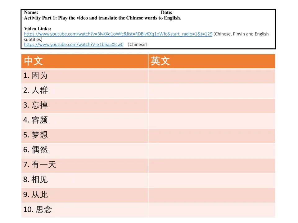 Song vocabulary activity, items 1–10: 因为 (because), 人群 (crowd), 忘掉 (forget) and seven more to translate