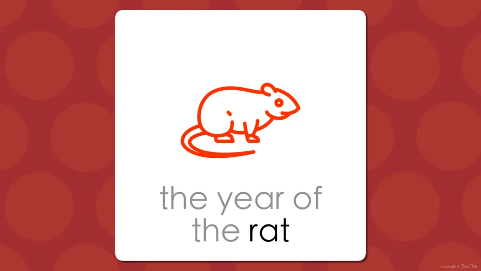 Zodiac vocabulary slide: the red rat drawing labeled 'the year of the rat' with the word rat in bold for students to read