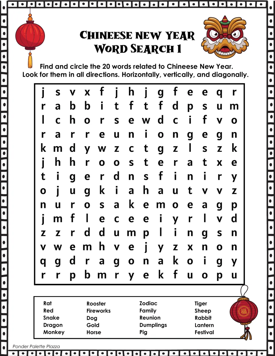 Lunar New Year word search 1: 20 listed words, including rat, rooster, zodiac, tiger, dumplings, and lantern.