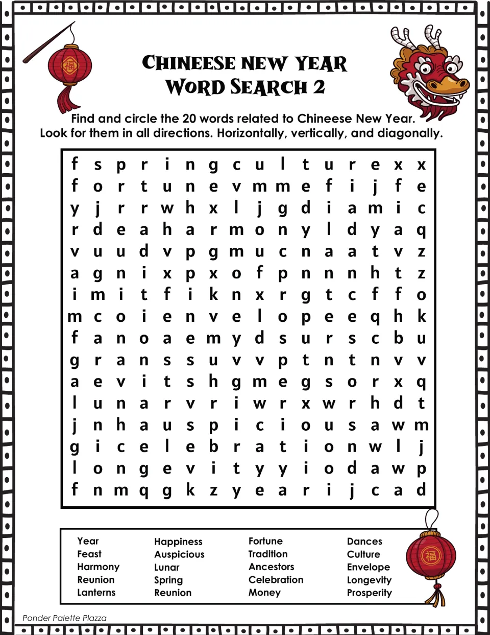 Lunar New Year word search 2: 20 entries, including harmony, fortune, longevity, and reunion listed twice.