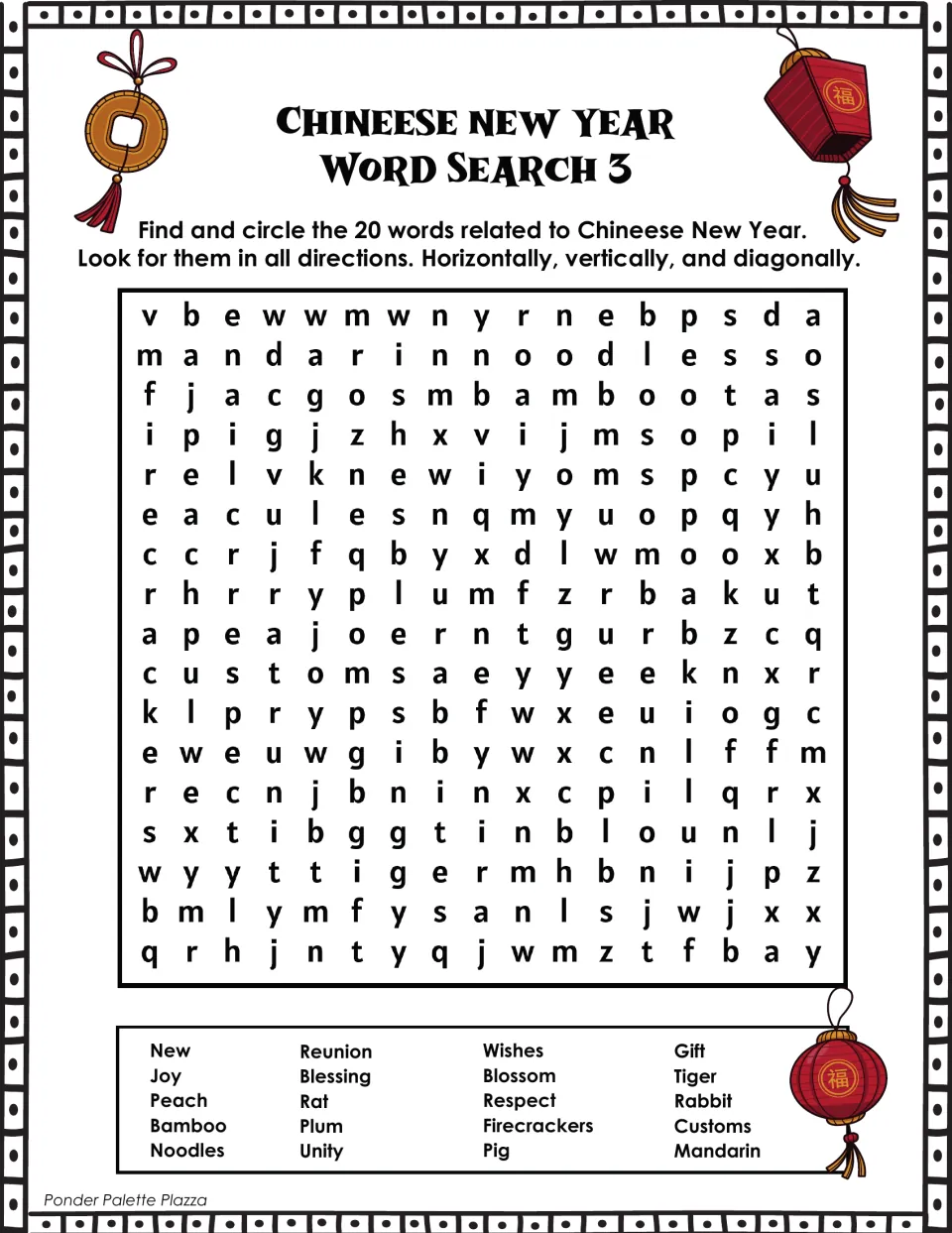 Lunar New Year word search 3: 20 listed words, including bamboo, noodles, blessing, respect, and mandarin.