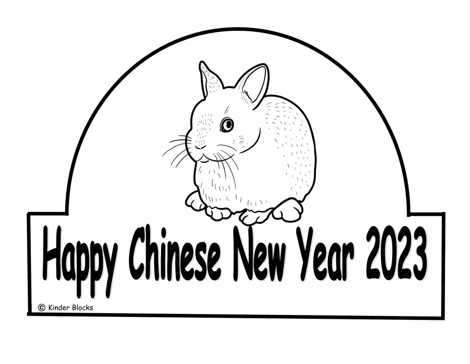 Blackline crown template featuring an upright rabbit to color and the words 'Happy Chinese New Year 2023'